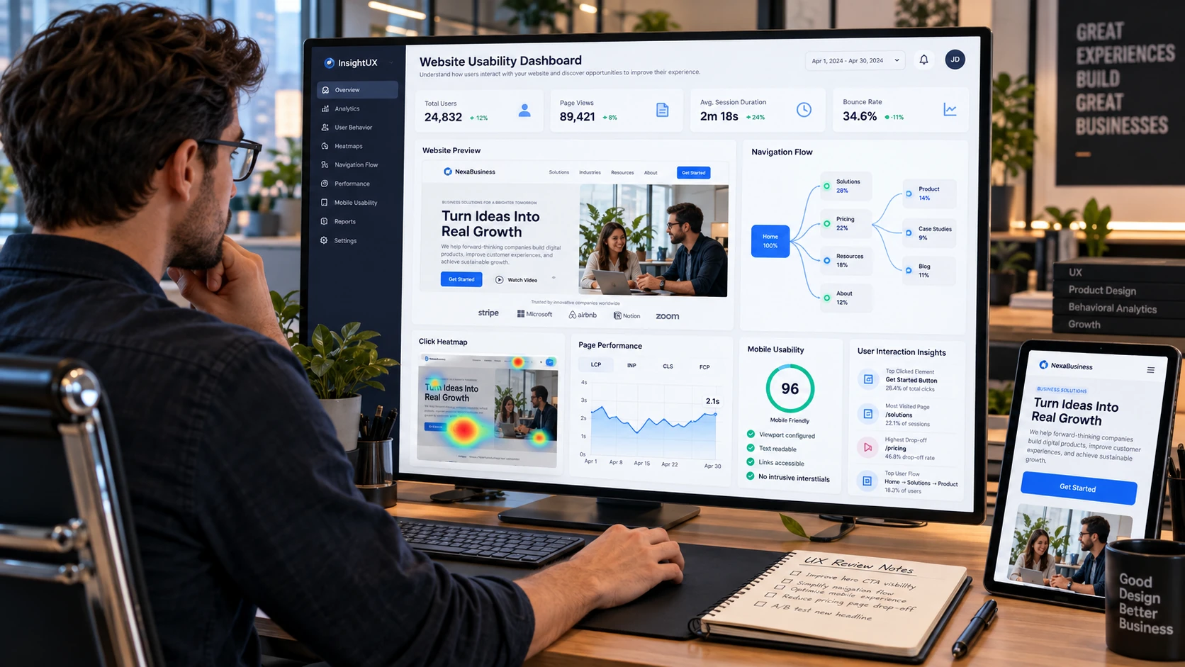 UX Designer Reviewing Usability Dashboard