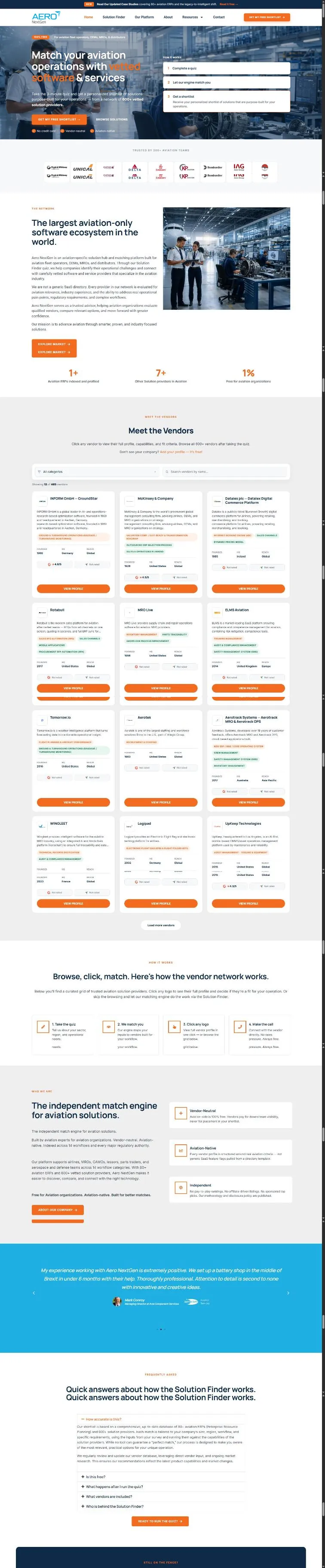 The Aero NextGen homepage: banner with how it works panel, aviation logo wall, network split section, Meet the Vendors directory with search and filters, how it works steps, independence section, testimonial and FAQ