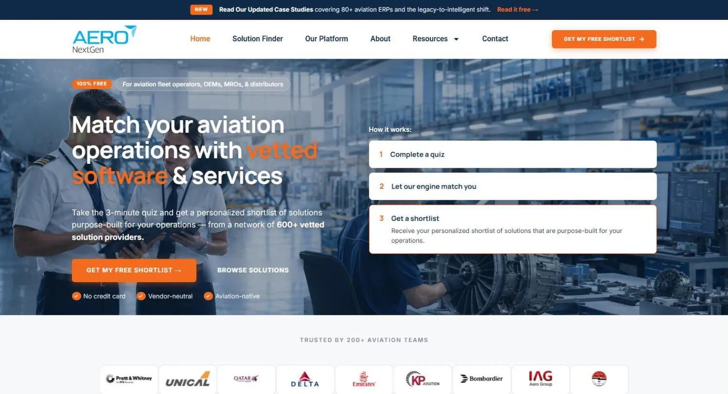 The Aero NextGen homepage: two pilots with a tablet in a hangar under the headline Match your aviation operations with vetted software and services, with a three-step how it works panel