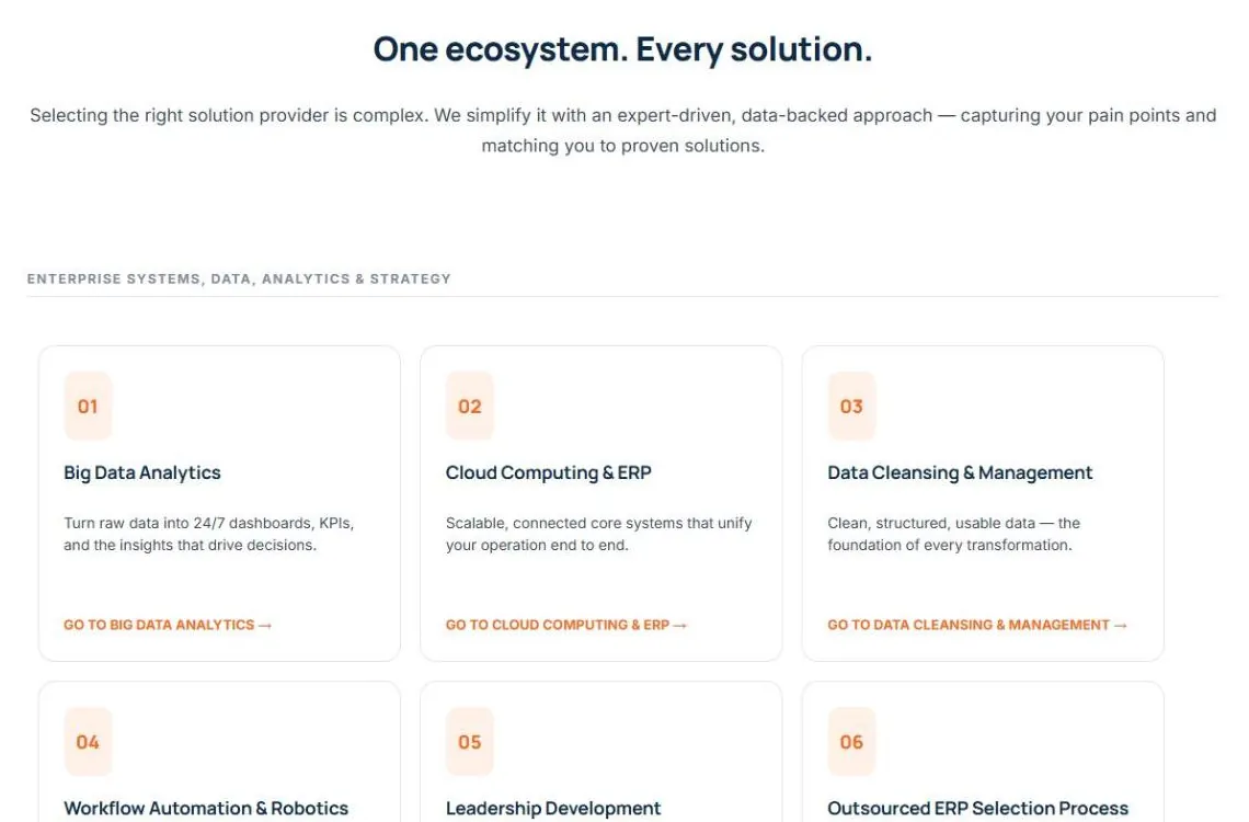 The One ecosystem, every solution section with cards for Big Data Analytics, Cloud Computing and ERP, Data Cleansing and Management and more