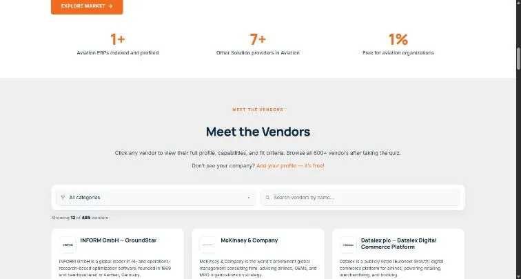 The Meet the Vendors directory: a category filter, a vendor name search, Showing 12 of 485 vendors, and cards for INFORM GmbH, McKinsey and Company and Datalex