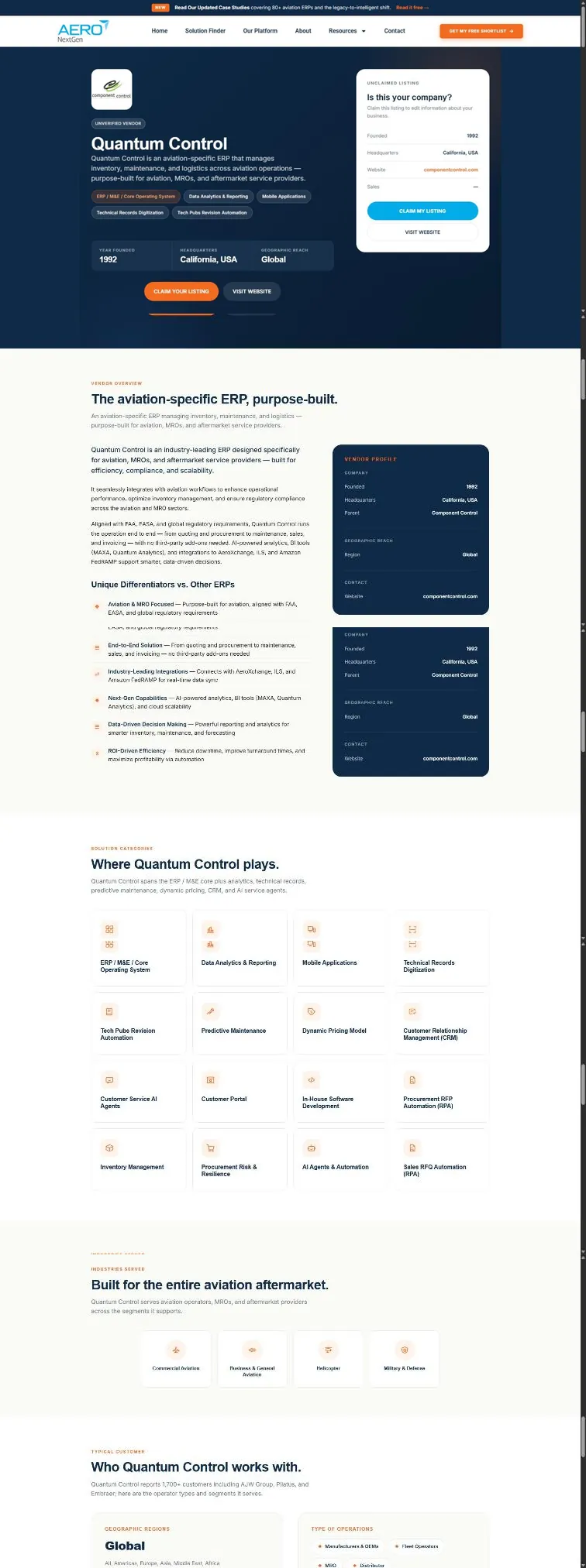 The Quantum Control vendor profile: dark hero with logo, solution tags, key facts and a claim listing card, then an overview, differentiators, solution category icon grid and industries served