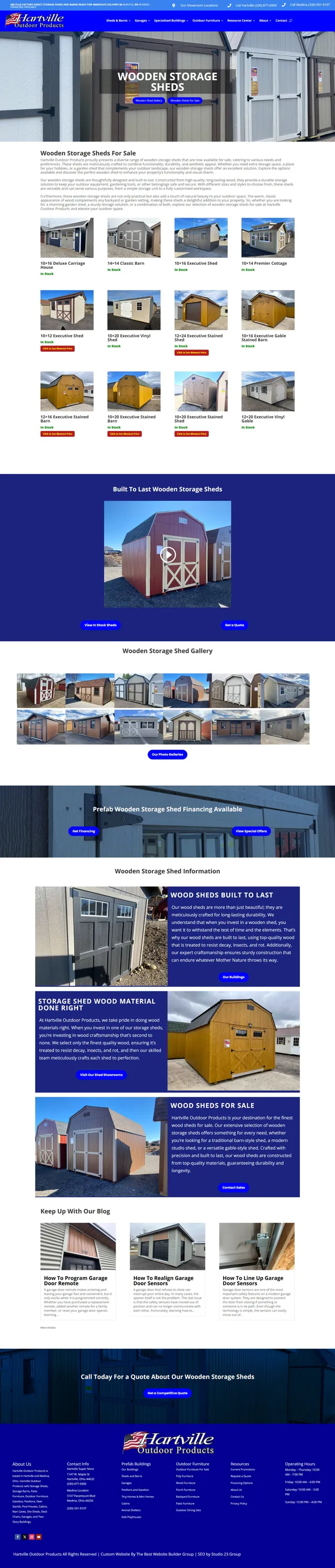 Full-length screenshot of the Wooden Storage Sheds page: product grid with stock status, walkthrough video, gallery, financing band, split content sections, blog posts and a quote call to action