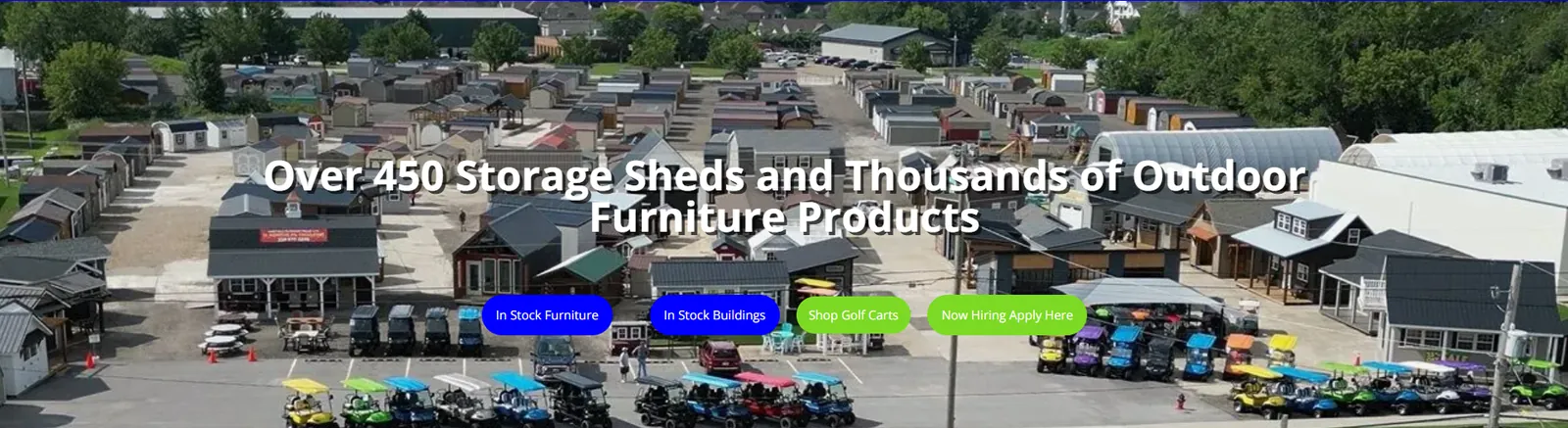 The Hartville Outdoor Products homepage banner: an aerial photo of the sales lot packed with sheds, barns and golf carts