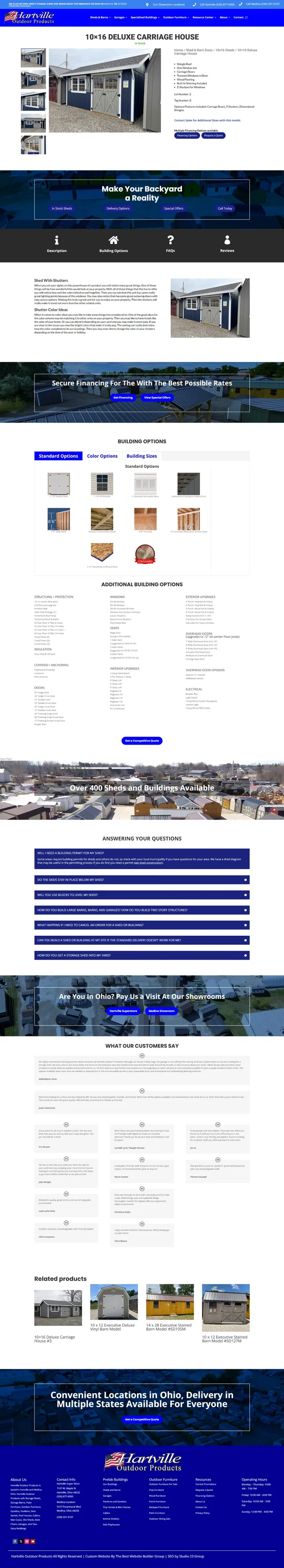 Full-length screenshot of the 10x16 Deluxe Carriage House product page showing quick links, split content, financing band, building options tabs, FAQ, reviews, related products and showroom calls to action