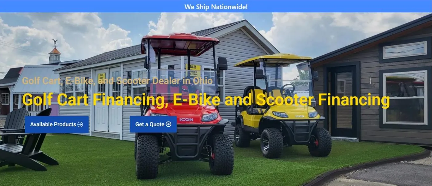 The Golf Cart Financing, E-Bike and Scooter Financing page banner, with Available Products and Get a Quote buttons over a photo of red and yellow carts