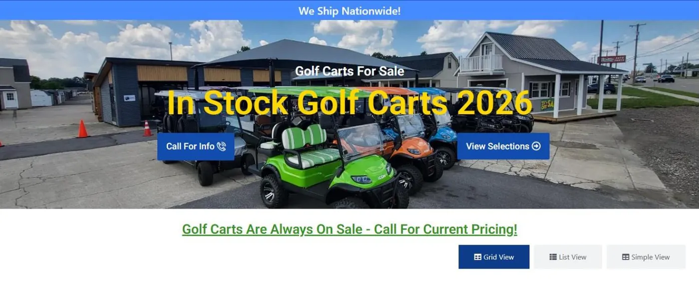 The In Stock Golf Carts 2026 page: a lot photo banner with Call For Info and View Selections buttons, and Grid View, List View and Simple View toggles