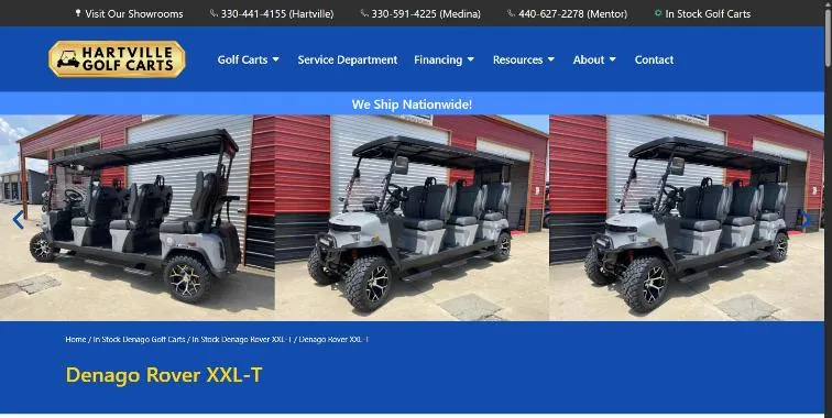The top of a Hartville Golf Carts product page: a carousel showing three photos of a Denago Rover XXL-T side by side, above the cart's blue title band