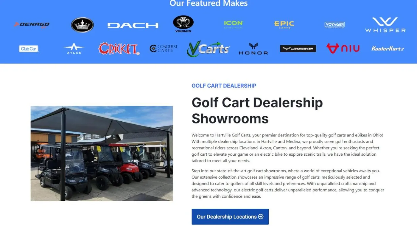 The Our Featured Makes band with 18 brand logos including Denago, Dach, Icon, Club Car, Whisper and Honor, above the Golf Cart Dealership Showrooms section