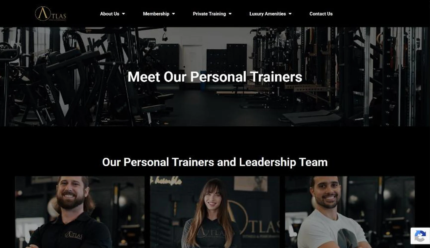 The Atlas Meet our personal trainers page: a dark hero photo of the gym floor with cardio machines and lockers, followed by Our personal trainers and leadership team with portraits of three smiling trainers in Atlas shirts