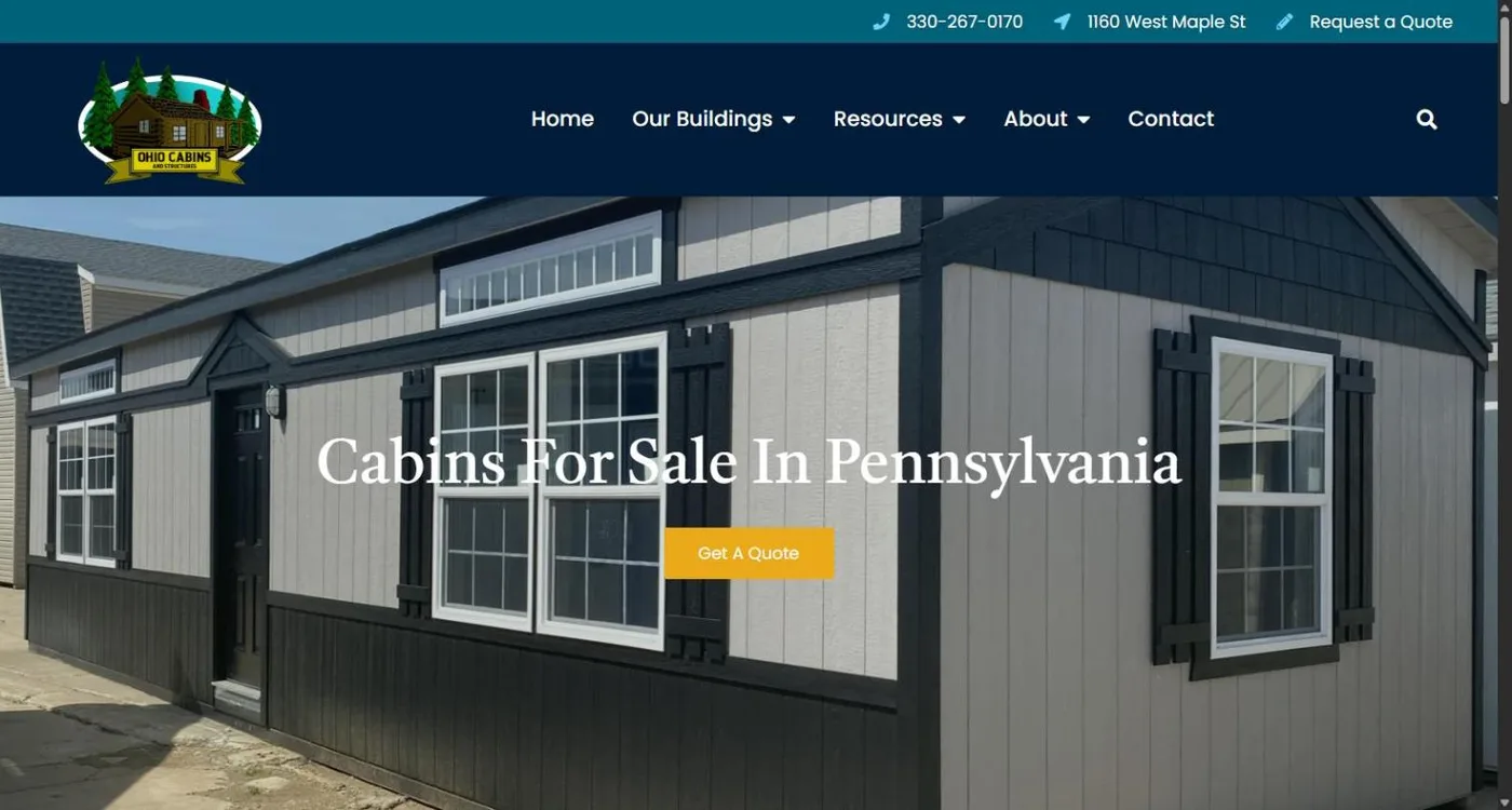 The Cabins For Sale In Pennsylvania state landing page: a gray and black prefab cabin photo behind the headline and a gold Get A Quote button