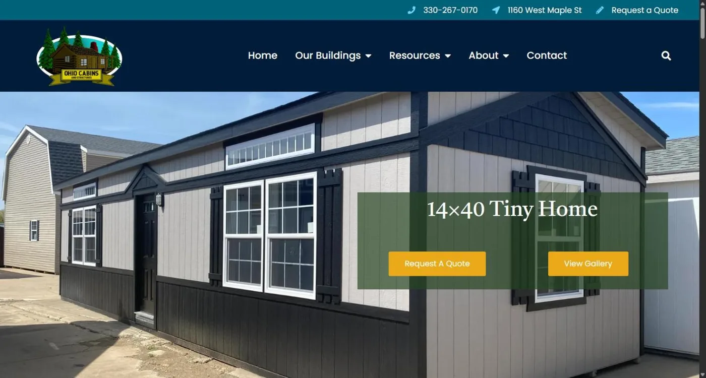 The 14x40 Tiny Home product page: a gray and black tiny home on the sales lot with a forest green overlay reading 14x40 Tiny Home and gold Request A Quote and View Gallery buttons