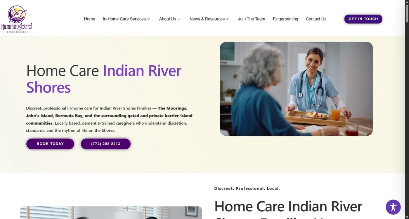 The Home Care Indian River Shores page: a soft cream hero with the headline, copy naming The Moorings, John's Island and Bermuda Bay, Book Today and phone buttons, and a photo of a caregiver serving a meal