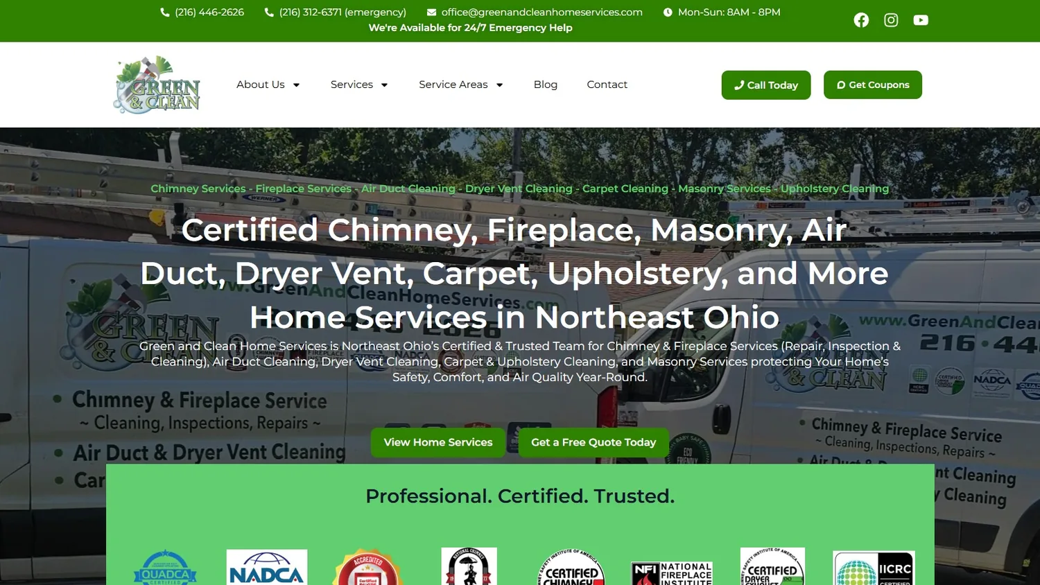 The Green and Clean Home Services homepage we redesigned: a branded service van behind the headline Certified Chimney, Fireplace, Masonry, Air Duct, Dryer Vent, Carpet, Upholstery, and More Home Services in Northeast Ohio
