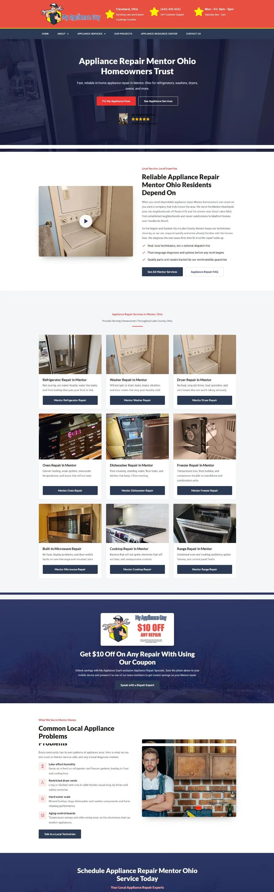 The Appliance Repair Mentor Ohio city hub: hero with 346 Google reviews, a Reliable Appliance Repair section about Mentor neighborhoods, a grid of nine Mentor repair services with buttons, a ten dollar coupon band and a Common Local Appliance Problems section