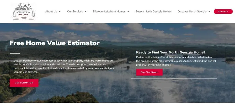 The Free Home Value Estimator page on North Georgia Lake Living: a misty lake and mountains behind the headline, a Use Estimator button and a Ready to Find Your North Georgia Home panel