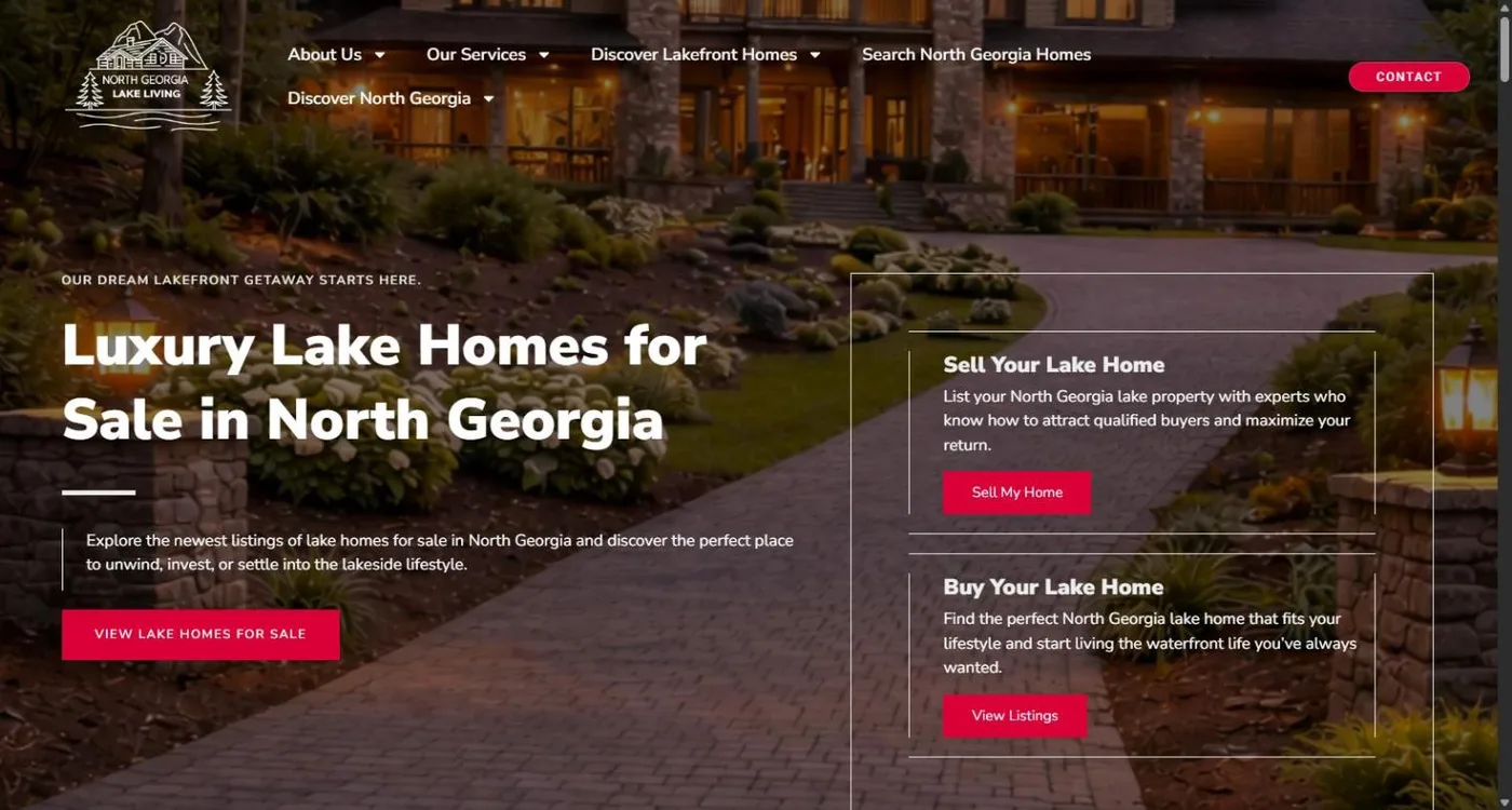 The North Georgia Lake Living homepage: a lake home lit at dusk behind the headline Luxury Lake Homes for Sale in North Georgia, a View Lake Homes For Sale button, and framed panels to sell or buy a lake home