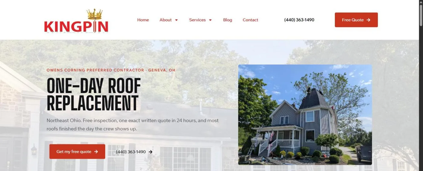 The Kingpin Construction homepage: the crowned Kingpin logo and red Free Quote button over a hero reading One-Day Roof Replacement, with a photo of a finished Victorian home and a Get my free quote button