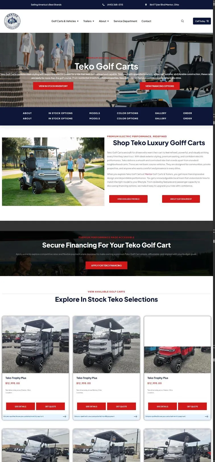 The Teko Golf Carts brand page: lifestyle hero, jump bar, intro split with buttons, financing band and a grid of in-stock Teko Trophy Plus carts with prices