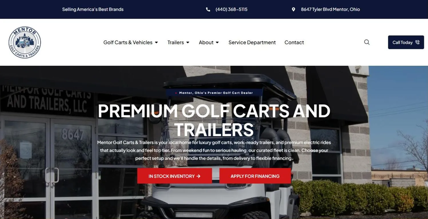 The Mentor Golf Carts and Trailers homepage: a golf cart outside the Mentor showroom under the headline Premium Golf Carts and Trailers