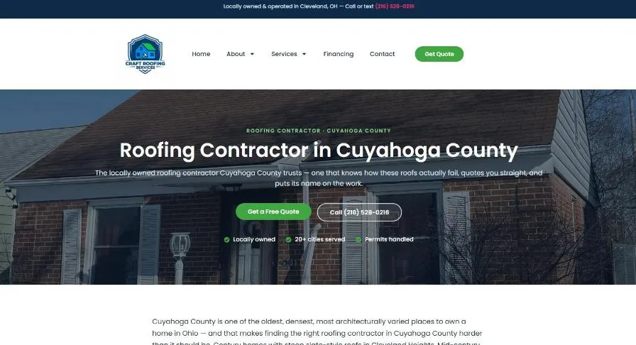 The Roofing Contractor in Cuyahoga County page: a photo of a Cleveland home with the headline, a Get a Free Quote button, a call button and checks for locally owned, 20+ cities served and permits handled