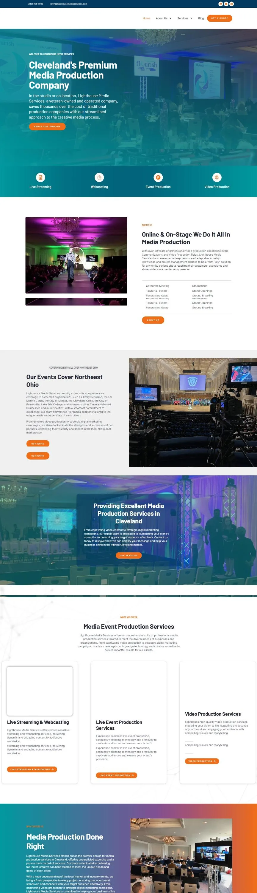 The Lighthouse Media Services homepage: a ballroom conference hero, a teal band of live streaming, webcasting, event production and video production icons, an About Us split with a runway show video, an Our Events Cover Northeast Ohio split with cameras at a concert hall graduation, a services band and Media Event Production Services cards, and a Media Production Done Right section